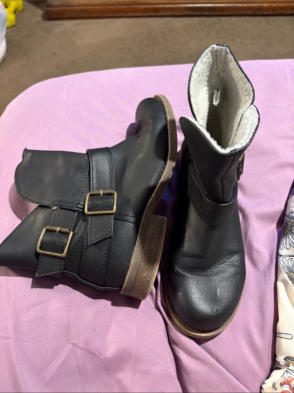 Mossimo Supply Co. Black Buckle Ankle Boots with Faux Shearling Lining
